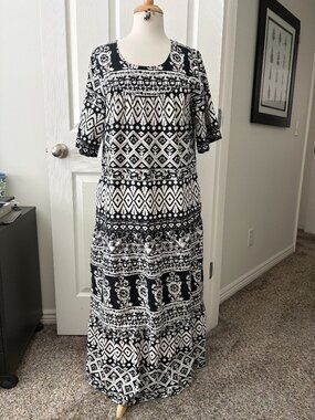 Black and White Batik Print Maxi Dress The Vermont Country Store Size L